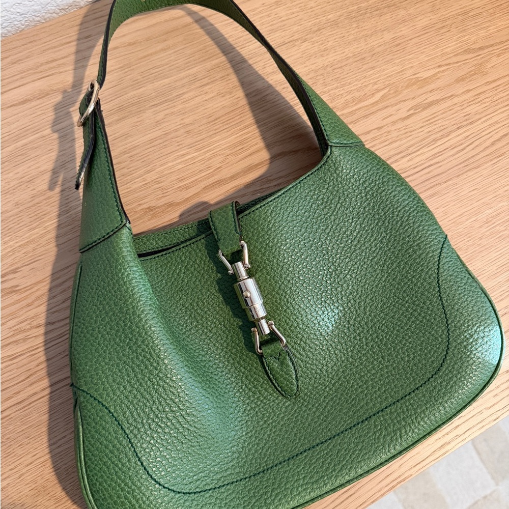 Small Gucci Jackie Green Pebbled Leather Shoulder Bag